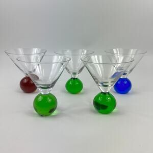 Postmodern Memphis Style Hand Blown Martini Glasses Set Of 5 Colored Stem Red